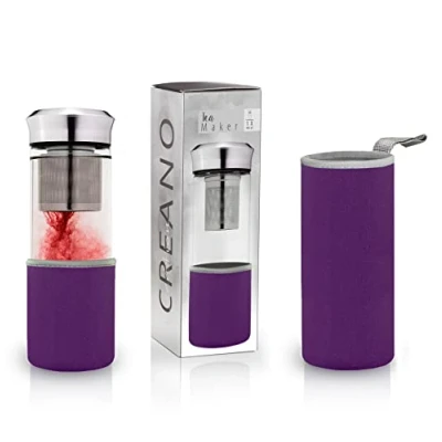 Imagen de Creano &quot;Teamaker&quot; Botella de Vidrio con Tamiz para Té Suelto incl. Bolsa Neopreno 400ml (Púrpura)