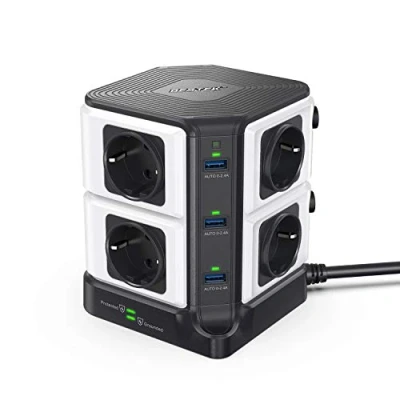 Imagen de BESTEK Regleta Vertical, Enchufe Torre de 8 Tomas y 6 Puertos USB, con Protección contra Sobretensiones Interruptor, Ladron Alargador(1500J Surge Protección, 3600W/16A) Negro