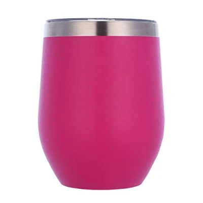 Imagen de Gteller Vaso de vino acero inoxidable 12 onzas sin tallo con tapa, taza viaje aislada doble pared, perfecta para vino, café, bebidas, champán, cócteles (rosa rosa)