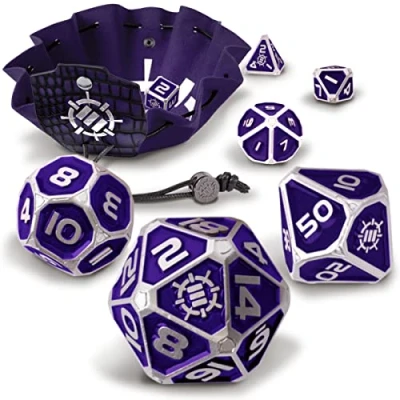 Imagen de ENHANCE DND Juego de Dados Metal 7 poliédricos con Bolsa Cuero Vegano 2 en 1 y Bandeja Dados, sólido para Juegos rol (Edición Coleccionista Morado)