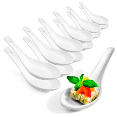 Imagen de COM FOUR® 12x cucharas para arroz asiáticas, servir y sopa de porcelana blanca, p. ej. tazones o aperitivos (12 piezas blanco)