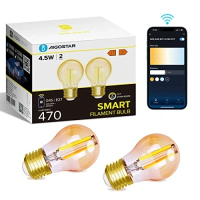 Imagen de Aigostar Bombilla Inteligente Alexa, Led E27 Vintage, G45 Ámbar Tipo Globo, 4.5W, 470LM, Regulable Cálida a Fría 2700K 6500K, Compatible con Alexa y Google home, 2 Unidads