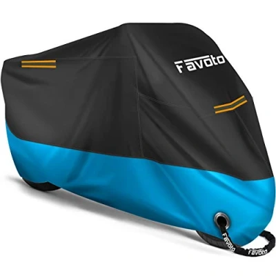Imagen de Favoto Funda para Moto Cubierta de 210D Impermeable Protectora con Banda Reflectante a Prueba Sol Lluvia Polvo Viento Nieve Excremento Pájaro al Aire Libre, 265x105x125cm Negro+Azul