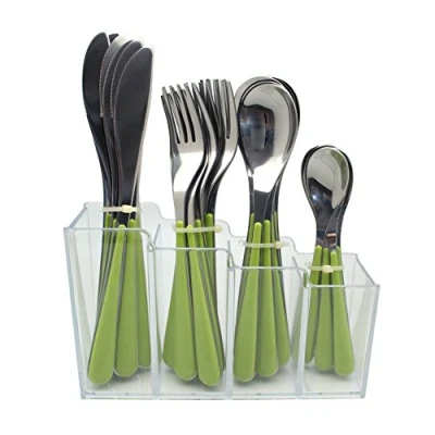 Imagen de EXZACT 24pz Cubiertos de Acero Inoxidable con Estante plástico Mangos Colores 6 x Tenedores, Cuchillos, cucharas, cucharitas