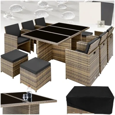 Imagen de TecTake® Conjunto Jardín Exterior de Ratán y Aluminio, Muebles Resistentes a la Intemperie, para hasta 10 Personas, con 2 Juegos Fundas Funda Protectora Natural