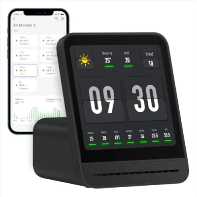 Imagen de Qingping Air Quality Monitor Gen 2, Indoor Detects PM2.5, CO2, PM10, Noise, Temperature and Humidity, New Upgraded Alarm Clock Function, Tester for Bedroom (Black)