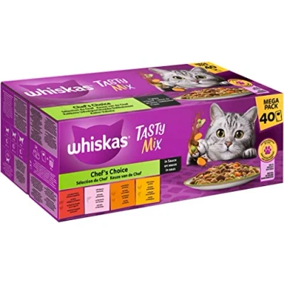 Imagen de Whiskas 1+ Comida para Gatos Tasty Mix Chef&#039;s Choice en Salsa, 40 x 85 g (1 Paquete) húmeda Adultos Bolsas de porciones