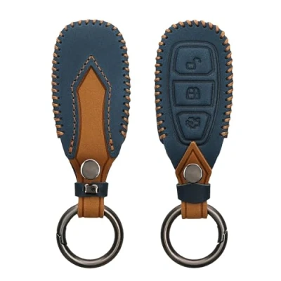 Imagen de kwmobile Carcasa Compatible con Ford Llave de Coche Keyless Go 3 Botones Funda Cuero sintético Case para Mando Control Auto Azul Marino/marrón Claro
