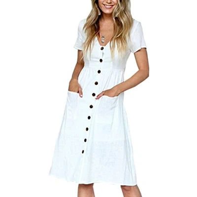 Imagen de Vestido Verano Mujer Midi Vestidos Casual Botones Cuello en V de Manga Corta Línea A con Bolsillos S XL, L