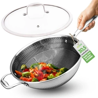 Imagen de NutriChef wok 12 acero inoxidable, Sarten, Induccion, Revestimiento antiadherente, Tapa, Manga lateral, Resistente