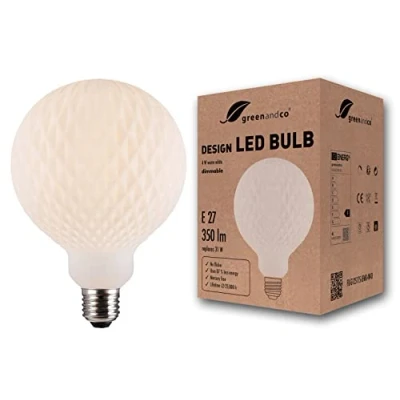 Imagen de greenandco® bombilla LED regulable estilo vintage ópalo con rombos E27 G125 4W 350lm CRI90+ 3000K (blanco cálido) 360 230V, sin parpadeo