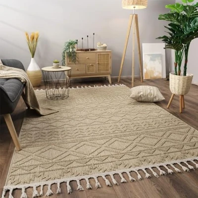 Imagen de Paco Home Alfombra Salon De Habitacion Pelo Corto Motivo Boho Chic Nordica con Flecos, tamaño:120x160 cm, Color:Crema 2