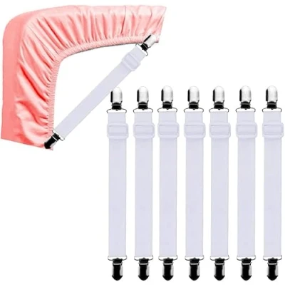 Imagen de Tensor de sábana Ajustable, 8 Piezas elástica, Blanca, sábanas con Clips metálicos, Tabla Planchar o sofá Longitud Ajustable 34 cm a 100