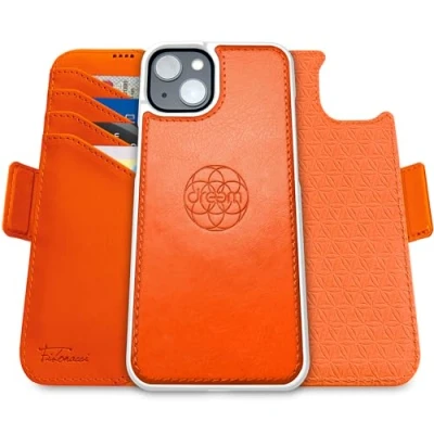 Imagen de dreem Fibonacci Compatible con iPhone 15 Plus Funda Cartera/Funda 2 en 1 a Prueba de Golpes y Folio Desmontable Cuero Vegano, MagSafe, protección RFID [Naranja]
