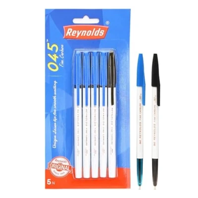Imagen de Reynolds 045 blíster azul de 5 bolígrafos 4 azules y 1 negro juego con agarre cómodo para escribir papelería escolar oficina estudiantes punta