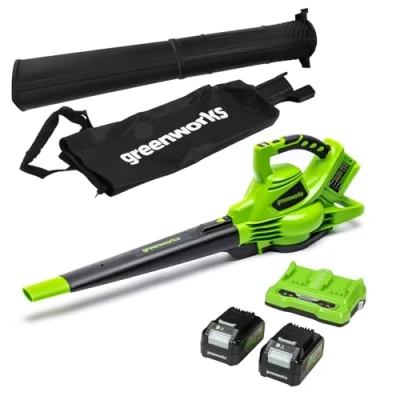 Imagen de Greenworks 48V(2x24V)Soplador Aspirador de Hojas a Batería, Correa paraHombro, Motor sin Escobillas,322km/h, 9m3/min, Bolsa Recogedora 45L, Dos 24V 4Ah Baterías y Cargador, Garantía 3 Años GD24X2BVK4X