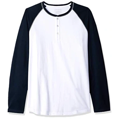 Imagen de Amazon Essentials Camiseta de Manga Larga con Cuello Henley y Corte Recto (Disponible en Talla Grandes Largos Especiales) Hombre, Azul Marino Blanco, L