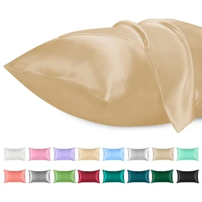 Imagen de Lirex 2 Paquetes Funda Almohada Satinado, Microfibra de Color Sólido Suave Sin Arrugas Resistente a la Decoloración Respirable (50 x 90 cm, Champán)