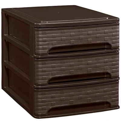 Imagen de COM FORT HOUSE Cajonera Apilable de Plástico Modelo Bambú Color Wengue 3 Cajones Almacenamiento Modular