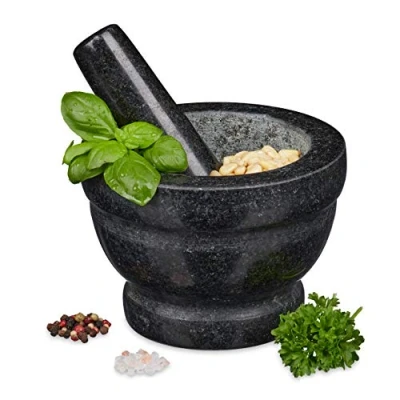 Imagen de Relaxdays Mortero Granito con Mano, Resistente, Duradero, Especias, Hierbas, Moledor Piedra Pulida, 14cm Ø, 400ml, Gris