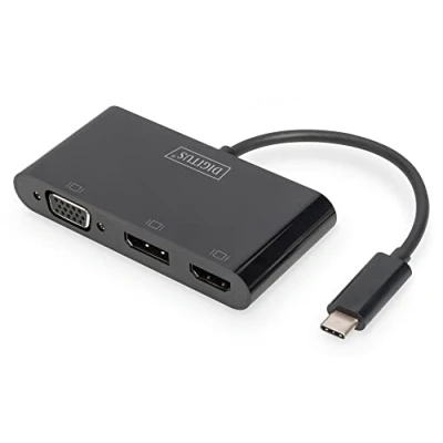 Imagen de DIGITUS Adaptador gráfico USB C a HDMI, DisplayPort y VGA UltraHD 4k/60Hz través de DP 4k/30Hz HDMI Compatibilidad con triple pantalla Plug &amp; Play Negro