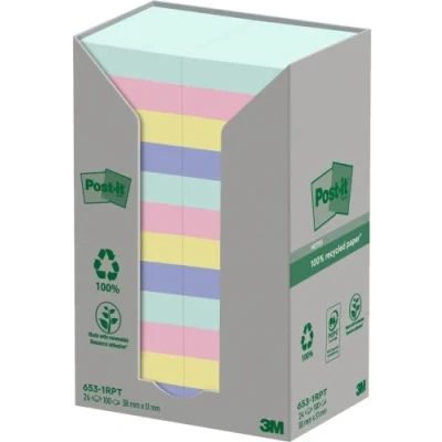 Imagen de Post it Notas Recicladas, Paquete de 24 Blocs Notas, 100 Hojas por Bloc,38 mm x 51 mm, Verde, Rosa, Amarillo, Azul Adhesivas Hechas Papel 100% Reciclado