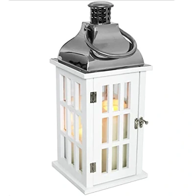 Imagen de Farol de madera con metal techo 40 x 17 cm Jardín Luz asa estructura ventanas cristal vela para jardín)