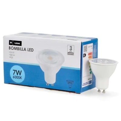 Imagen de M Ledme Pack 6, Bombilla Led Gu10 Smd Plus 7W, Luz fría (6000k), casquillo Gu10, 580 Lumen, IP20, Apertura del Haz de 60, Eficiencia energética y Bajo Consumo. LM7613