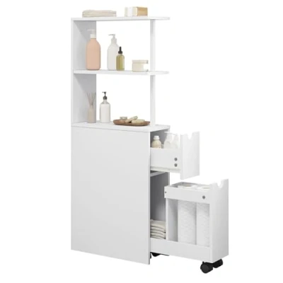 Imagen de EUGAD Armario de Baño, Mueble Estrecho, Almacenaje Baño con Estantes Abiertos, Auxiliar, Cajonera Ruedas, Aparador para Cocina Pasillo, 19x45x113 cm, Blanco, 0207WY