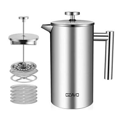 Imagen de OZAVO Cafetera de Émbolo Individual Prensa Francesa Acero Inoxidable con 5 Filtros Gratis Capacidad 1L Color Plateado