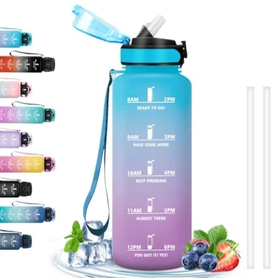 Imagen de Botella Agua Gimnasio, 1.5 litros, con Pajita, Agua, Reutilizable, Marca de Tiempo, Deportiva, para Correr, Ciclismo, Senderismo