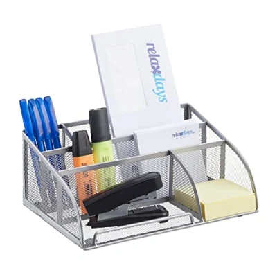 Imagen de Relaxdays 10022480_55 Organizador de Escritorio Pequeño con 5 Compartimentos, Metal, Plateado, 10.5 x 25.5 18 cm, Acero, cm