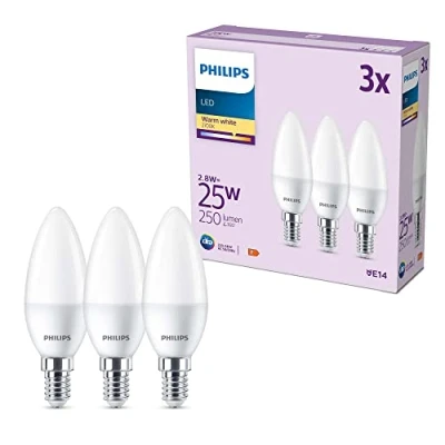 Imagen de Philips Bombilla LED tipo vela 2.8W (Eq. 25W) 250 lúmenes, casquillo E14 Luz Cálida (2700K) Pack de 3 Bombillas