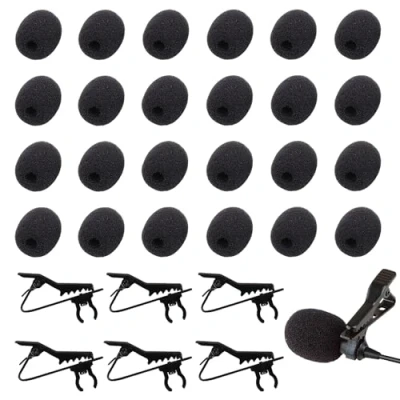 Imagen de TRKETK 30 Piezas Kit de Reemplazo Micrófono Solapa, 24 Protector Cubierta Espuma Mini Auriculares Parabrisas 6 Clips Corbata Micrófono(Negro)
