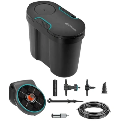 Imagen de Gardena kit de riego solar AquaBloom que incluye depósito agua: con energía para hasta 20 plantas balcón, unidad control 14 programas (13301 20)