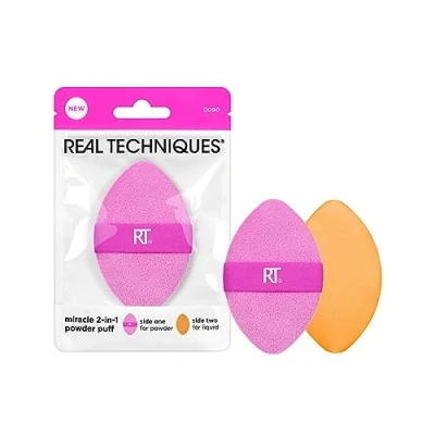 Imagen de Real Techniques Esponja en polvo 2 1 Miracle, doble cara, tamaño completo, banda elástica reversible, unidad