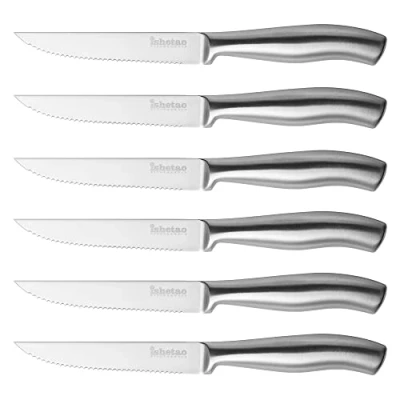 Imagen de isheTao Cuchillos Carne, 6 piezas de Mesa Plata, Chuleteros Sierra, Cubiertos Acero Inoxidable con Mango Ergonómico, Apto para Lavavajillas,12 cm