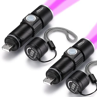 Imagen de DARKBEAM Linterna UV Recargable, Lámpara de madera Torcia Luz negra, Mini LED mano ultravioleta, Resistente al agua, Detección ropa para mascotas, Curado resina 395nm, 2 pack