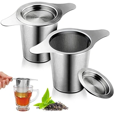 Imagen de DEATPOYE Filtro de té para suelto, 2 unidades, con tapa, acero inoxidable 304, accesorio té, bandeja goteo y mango doble, colador taza, tetera, ollas, vasos