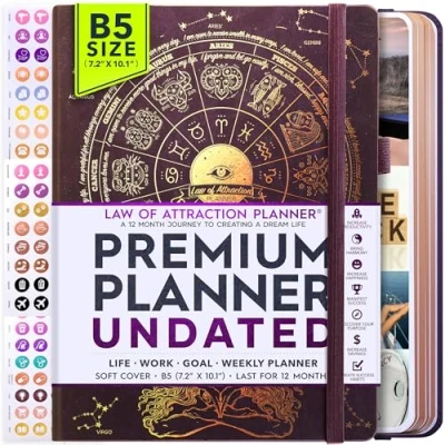Imagen de planificador de la ley atracción semanal y mensual vida para lograr tus objetivos, viaje aumentar productividad felicidad, diario gratitud pegatinas