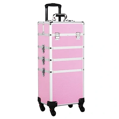 Imagen de Yaheetech Maletín de Maquillaje Aluminio con Ruedas 4 en 1 Maleta Peluquería Profesional Maletin Tatuaje Rosa