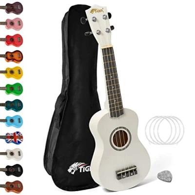 Imagen de Tiger UKE7 Ukelele soprano para principiantes incluye funda, púa de fieltro, juego cuerdas repuesto. Nuevo este 2020, ahora equipado con Aquila,Blanco
