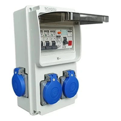 Imagen de RoadEu Distribuidor de corriente 230V, 4x enchufes Schuko, indicador luminoso LED rojo, con RCD 40 tipo A/AC, LS C16A. energía del sitio IP44.