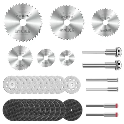 Imagen de YURINWOO Hoja de Corte, 26Pcs Disco Corte para Dremel con 6 Mandriles SC, Mini HSS Sierra Circular Herramientas Rotativas Madera Piedra Metal