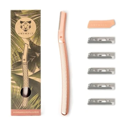 Imagen de ANYMALE® Maquinilla de afeitar para cejas con 5 cuchillas intercambiables y protector hoja, afeitadora facial mujer, color oro rosa