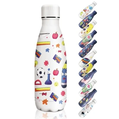 Imagen de HoneyHolly Botella agua Acero Inoxidable, Niños 350ml, Termica sin BPA, Reutilizable, Doble pared Aislante, Cantimplora Infantil Conserva 12 Horas Caliente, 24 frio