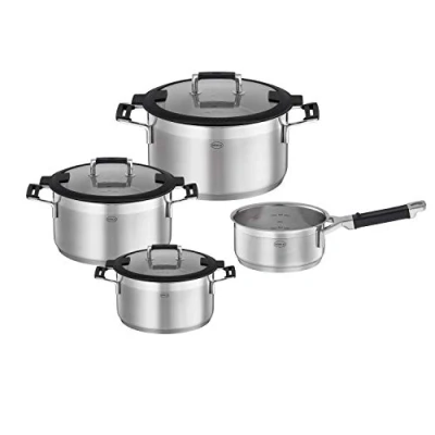 Imagen de RÖSLE SILENCE PRO Batería de Cocina 4 piezas, Juego Ollas Universal con 3 y 1 Cacerola, Acero Inoxidable 18/10, Tapa Cristal Apto para Inducción Lavavajillas