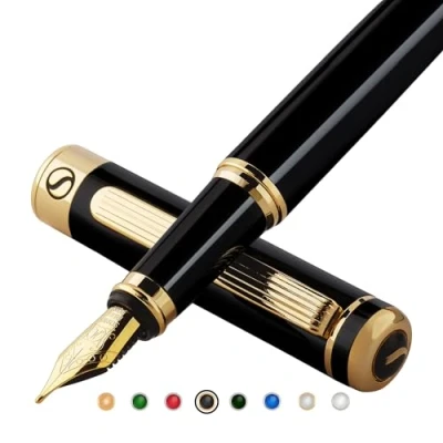 Imagen de Scriveiner pluma estilográfica laca negra, impresionante de lujo con acabado en oro 24 quilates, punta dorada 18 quilates (mediana), el mejor juego regalo para hombres y mujeres,