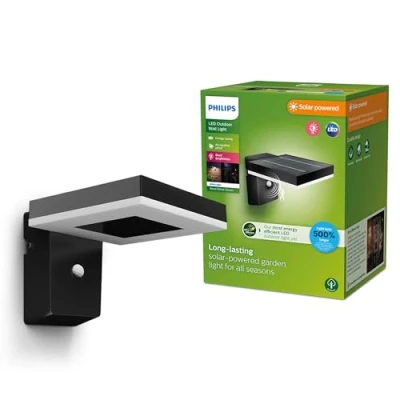 Imagen de Philips Lighting Aplique pared Exterior Ultraeficiente Zonal, alimentación solar, formato cuadrado, 1.3W, 3000K, negro, sensor movimiento, resistente intemperie IP44