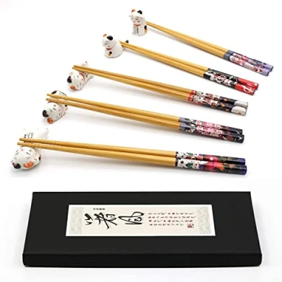 Imagen de Juego de descanso para palillos, soporte palillos 5 gatos, estilo japonés clásico, reutilizables naturales bambú, (madera)